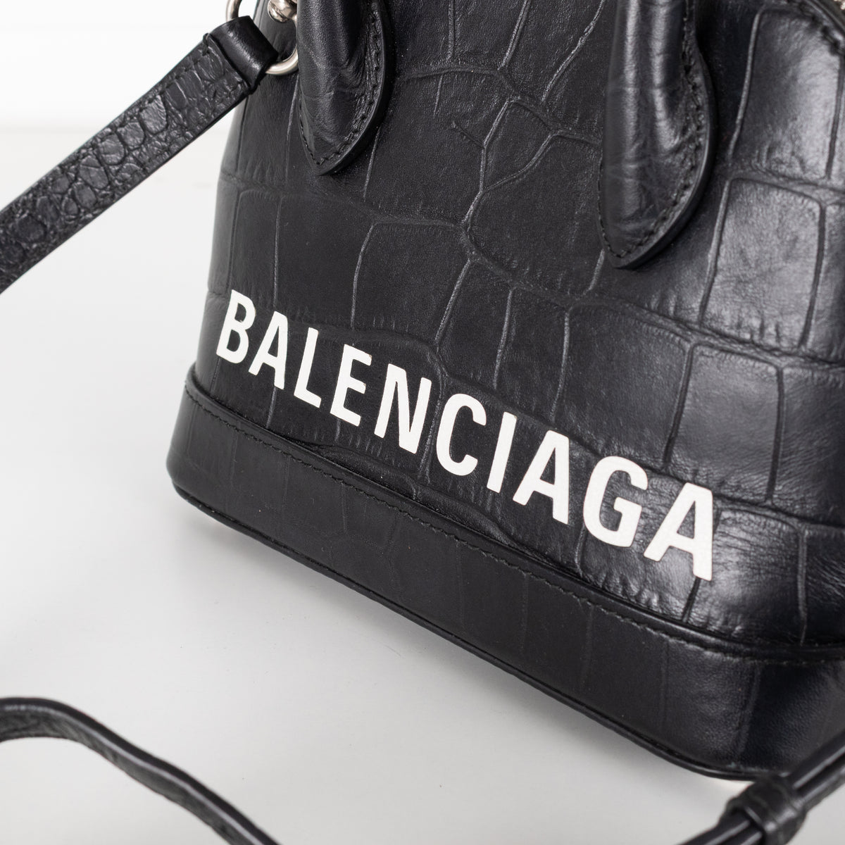 Balenciaga Black XXS Ville Croc Embossed Bag with Removable Shoulder Strap