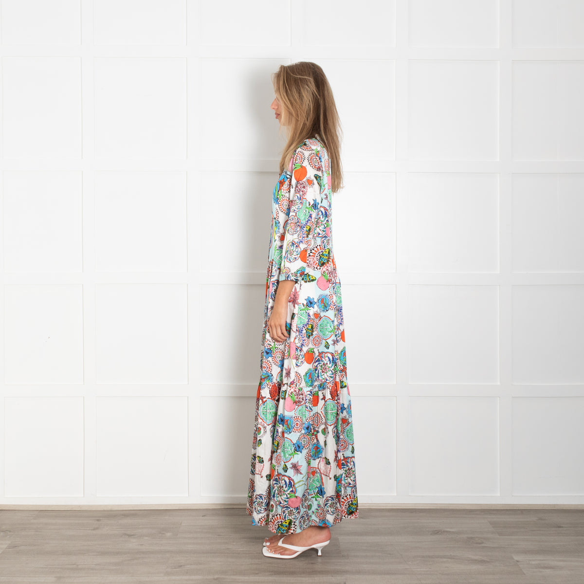 J R F Blue Multi Floral Front Button Silk Maxi Dress