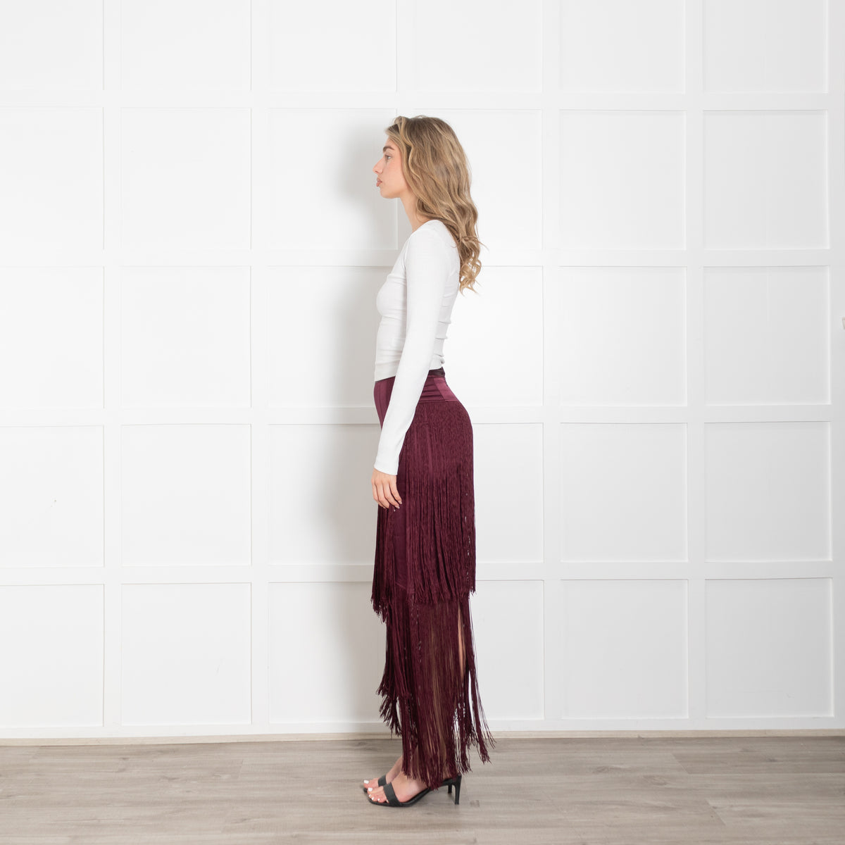Tamara Mellon Burgundy Silk Fringed Midi Skirt