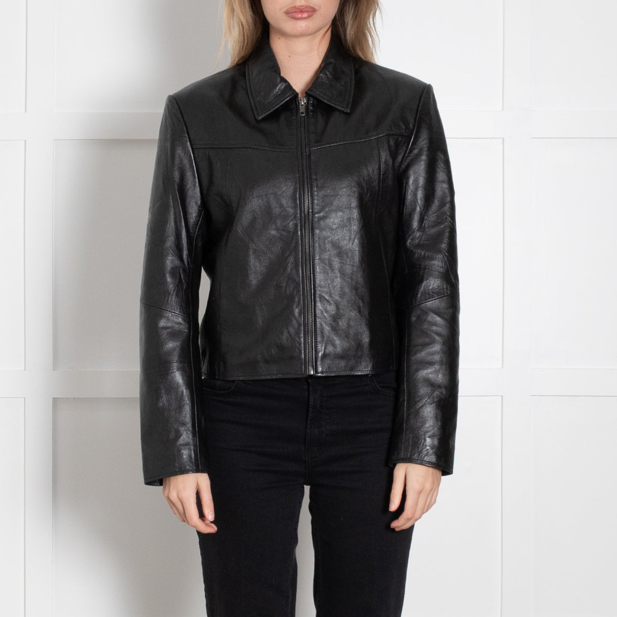 Worn Vintage Short Black Leather Jacket