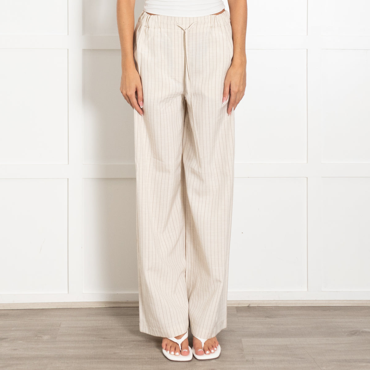 Claudie Pierlot Beige Brown Pin Stripe Draw String Wide Trousers