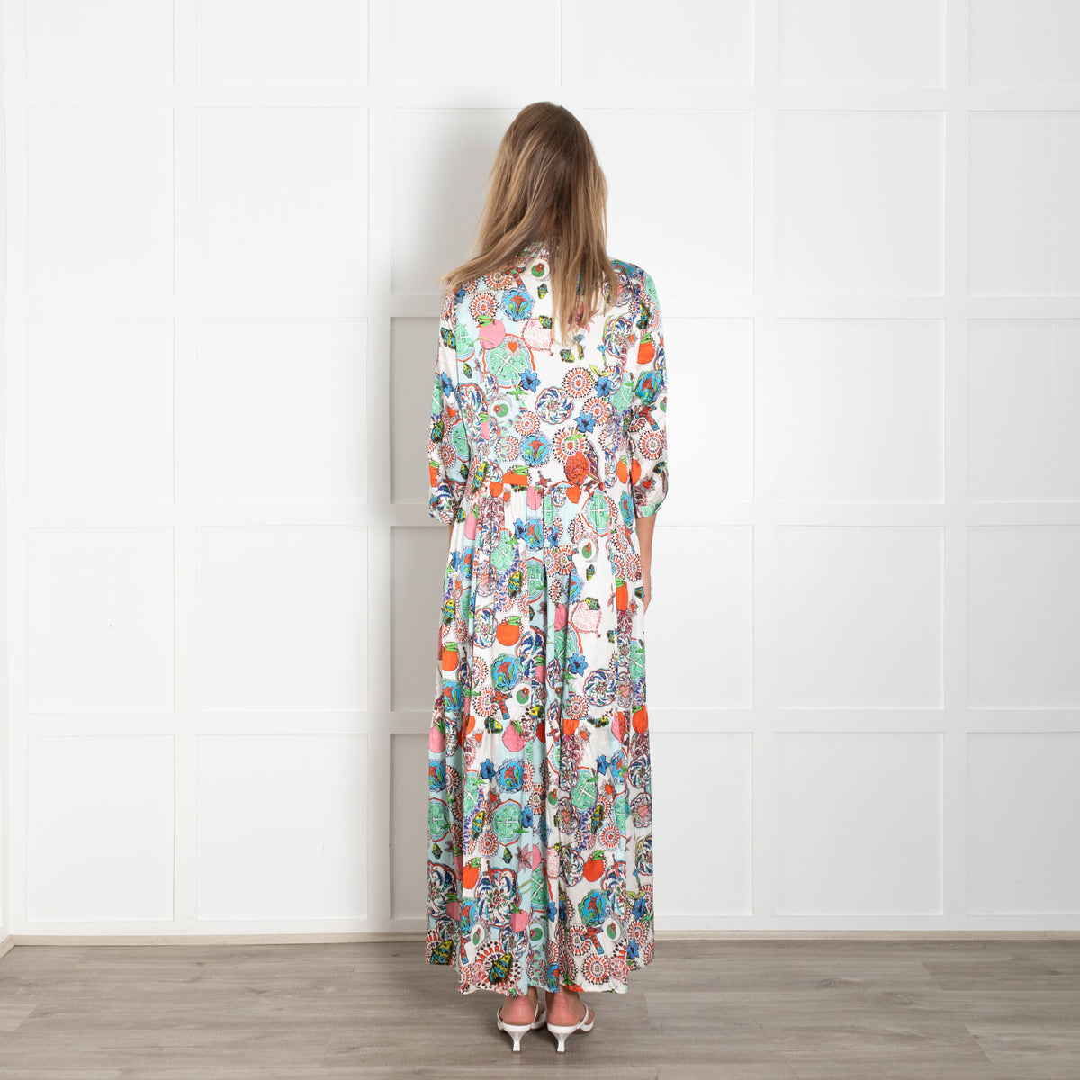 J R F Blue Multi Floral Front Button Silk Maxi Dress