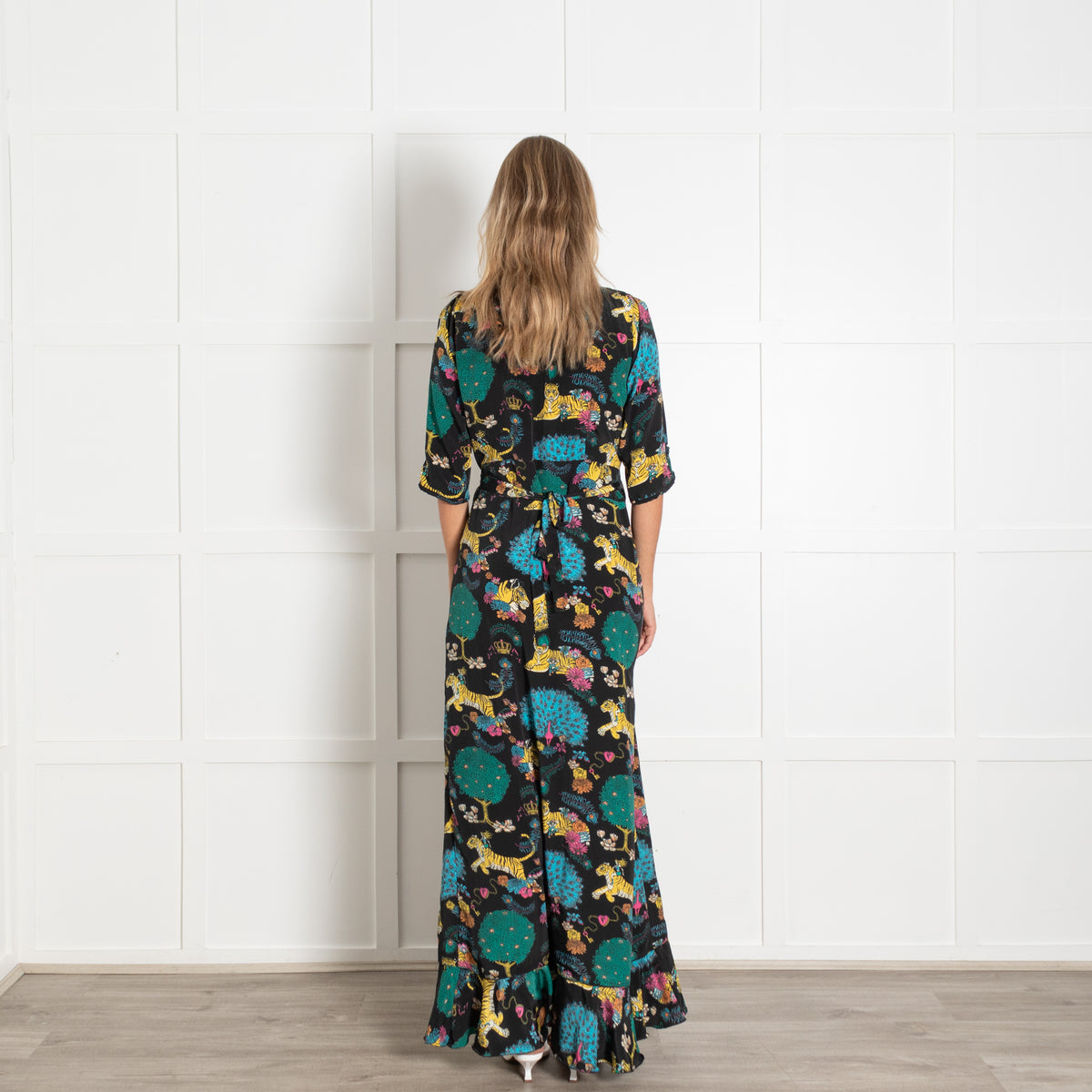 Stardust Black With Vibrant Tiger Floral Print Longsleeve Wrap Dress