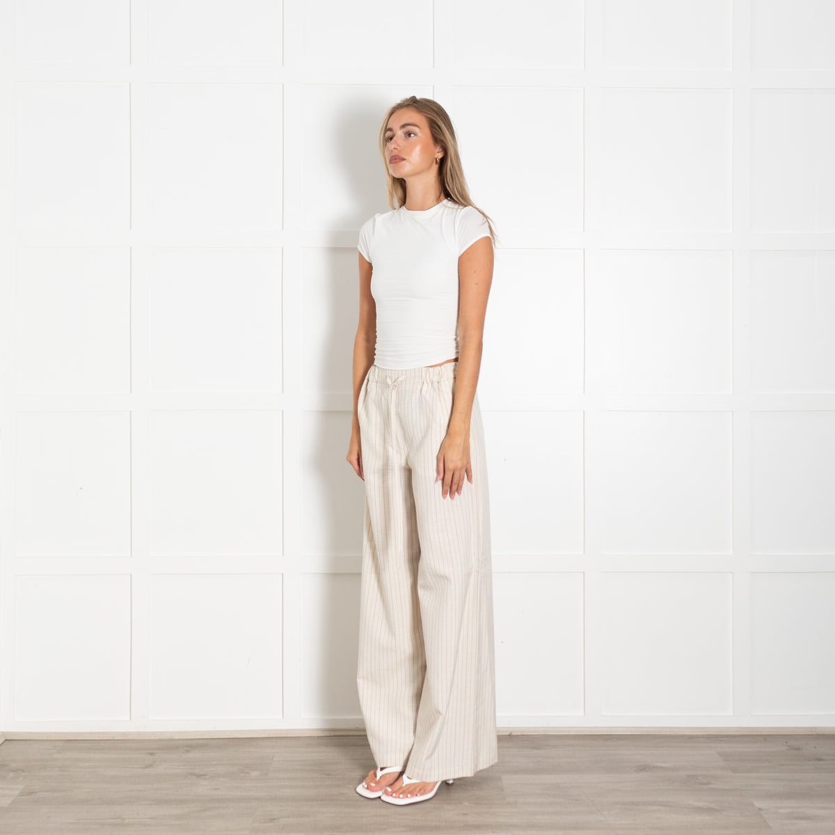 Claudie Pierlot Beige Brown Pin Stripe Draw String Wide Trousers