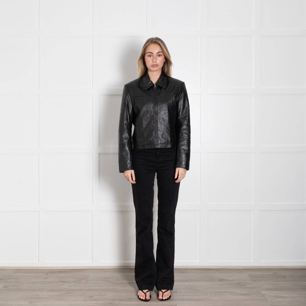 Worn Vintage Short Black Leather Jacket