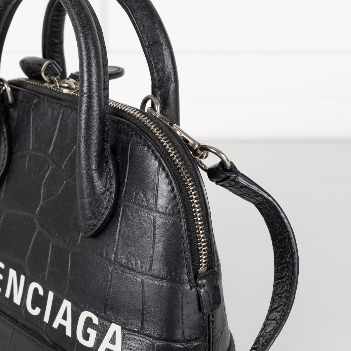 Balenciaga Black XXS Ville Croc Embossed Bag with Removable Shoulder Strap