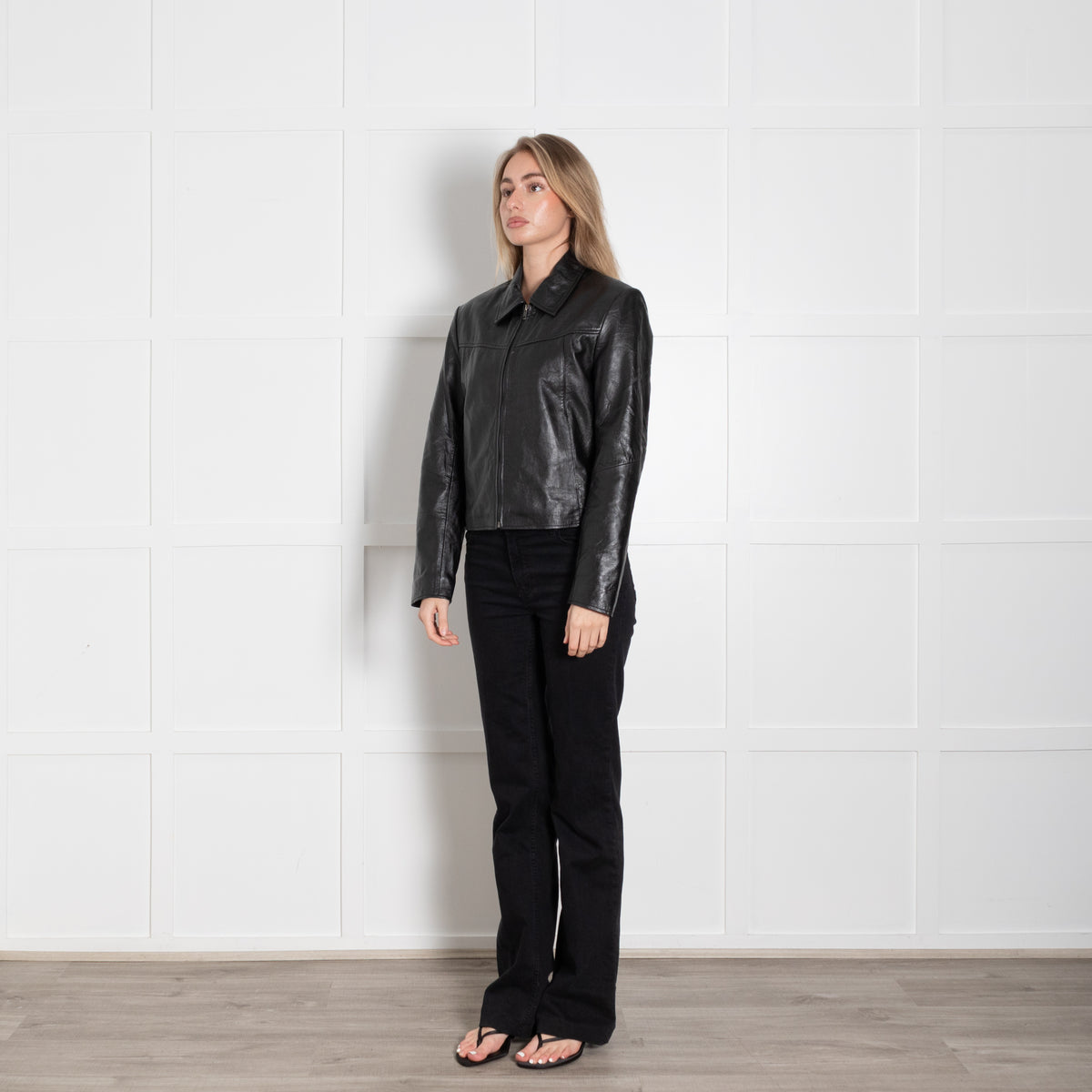 Worn Vintage Short Black Leather Jacket