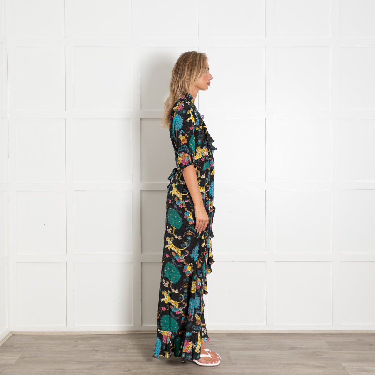 Stardust Black With Vibrant Tiger Floral Print Longsleeve Wrap Dress