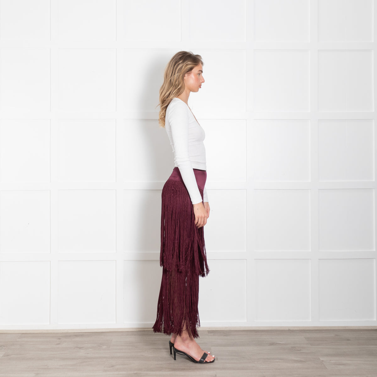 Tamara Mellon Burgundy Silk Fringed Midi Skirt