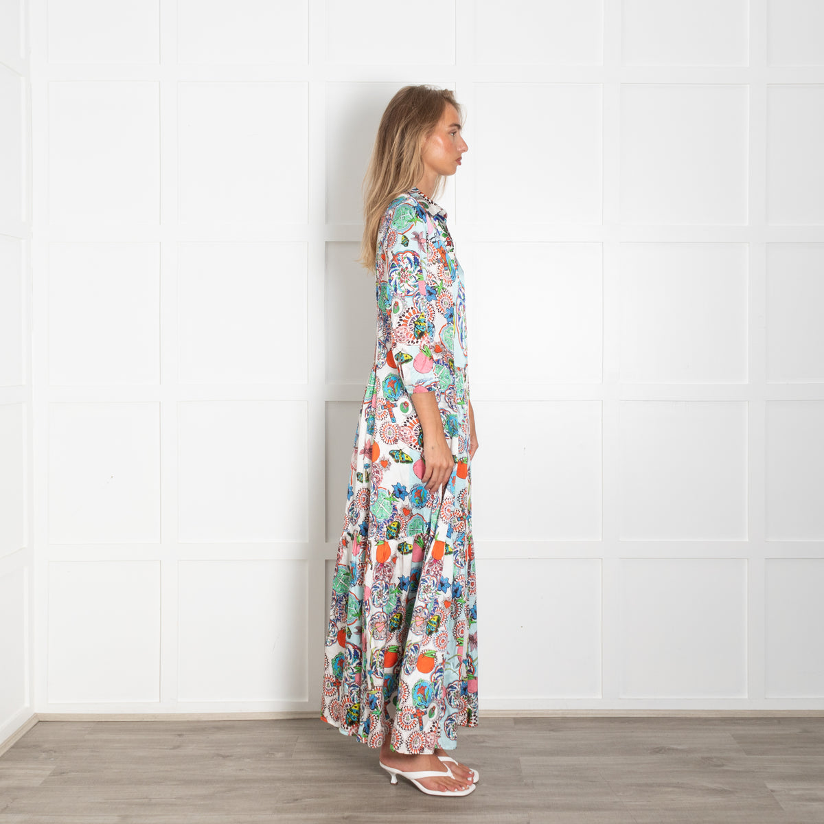 J R F Blue Multi Floral Front Button Silk Maxi Dress
