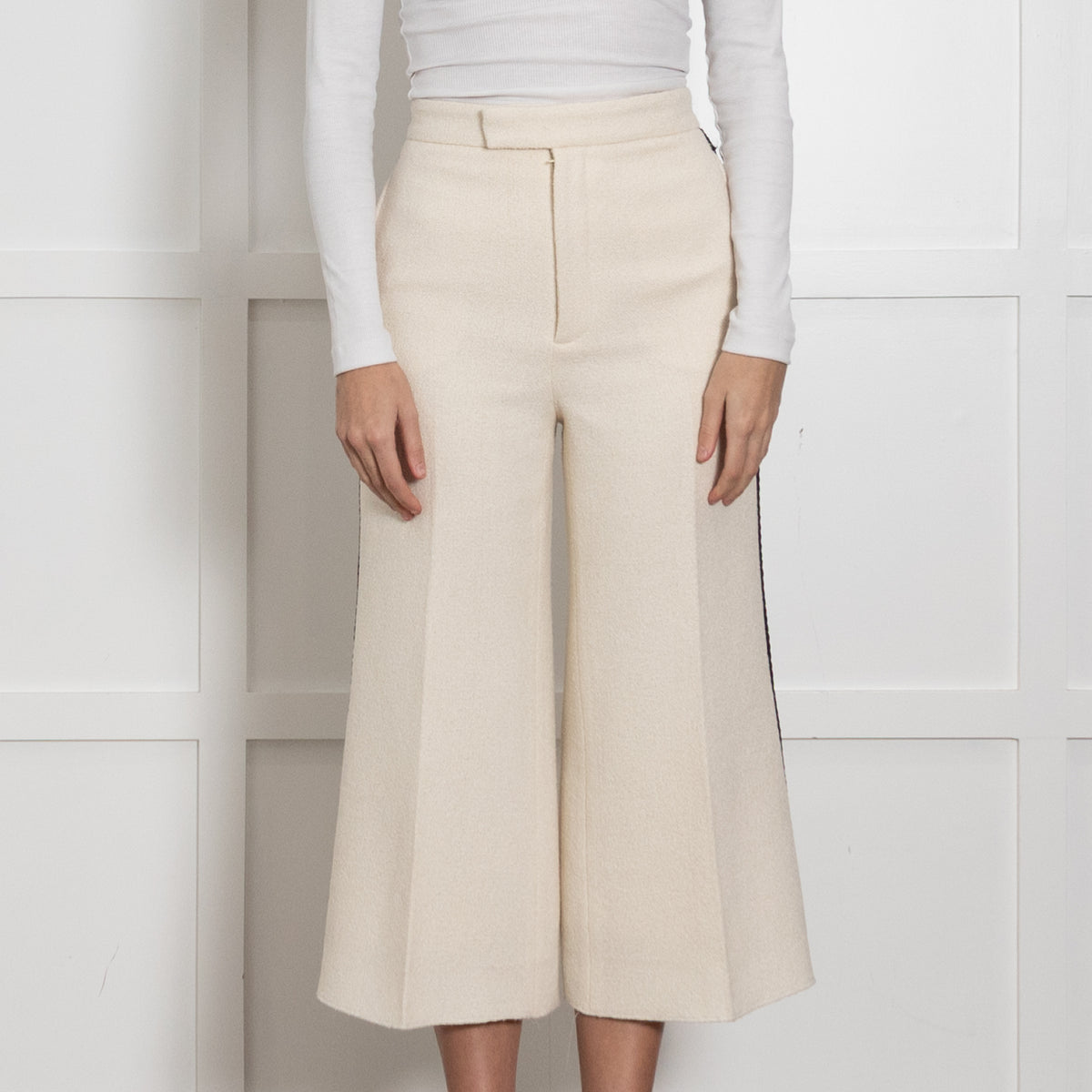 Gucci Cream Boucle Wide Leg Trousers With Black Braid And Logo Back Pocket