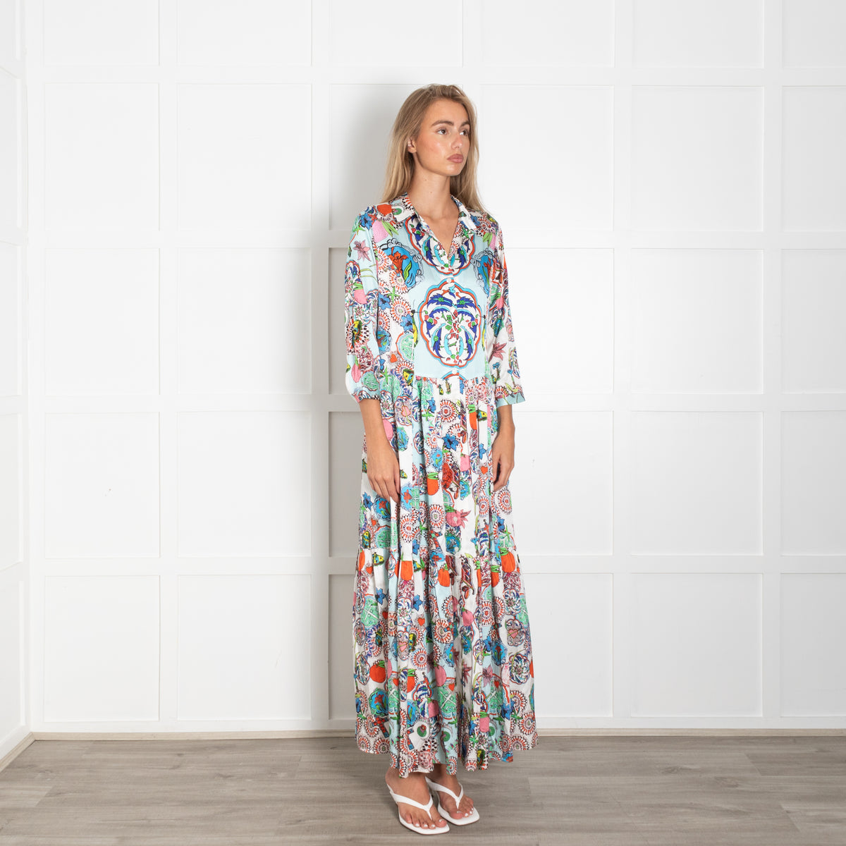 J R F Blue Multi Floral Front Button Silk Maxi Dress