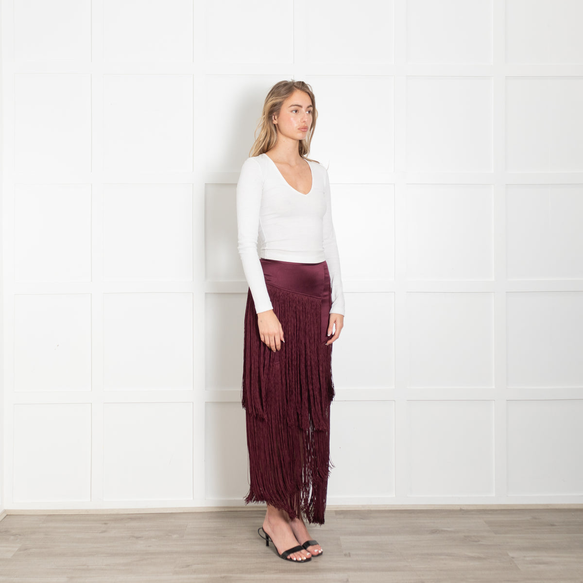 Tamara Mellon Burgundy Silk Fringed Midi Skirt