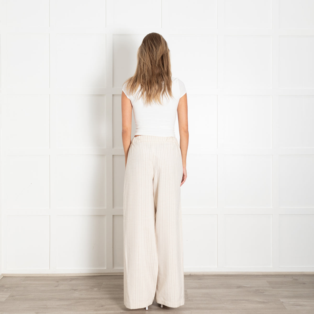Claudie Pierlot Beige Brown Pin Stripe Draw String Wide Trousers