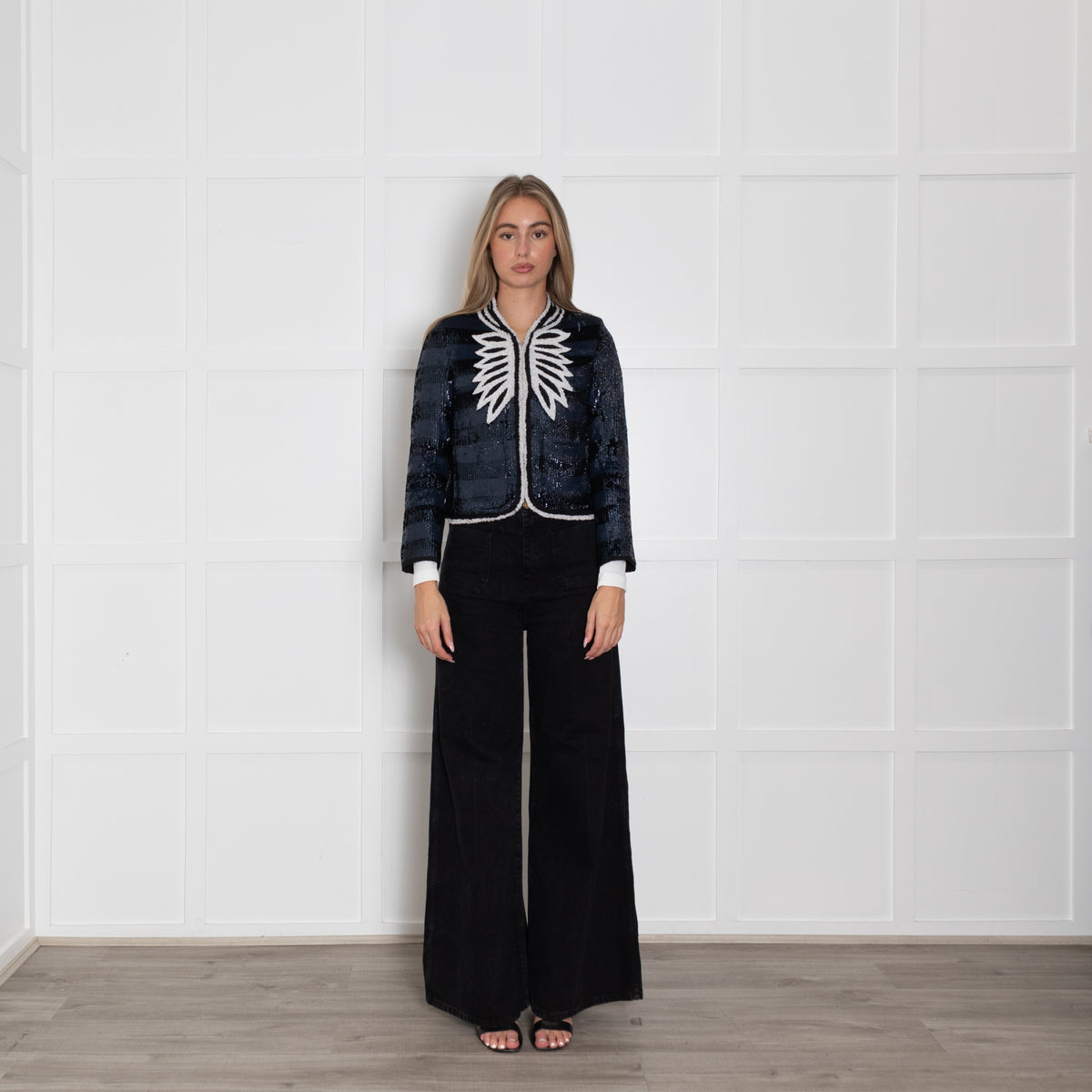 Zadig & Voltaire Deluxe Navy Sequin Striped Cream Trim Short Jacket