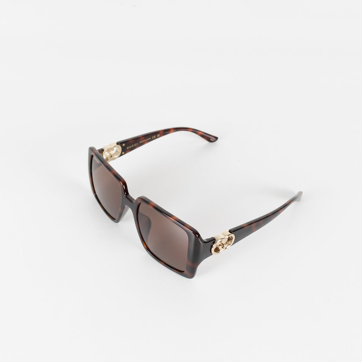 Gucci Tortoishell Square Frame Logo Arm Sunglasses