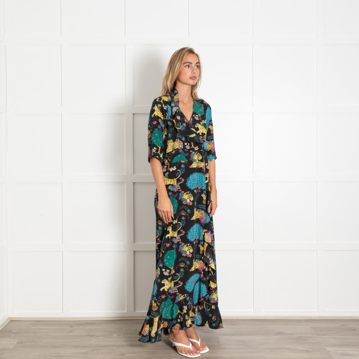 Stardust Black With Vibrant Tiger Floral Print Longsleeve Wrap Dress