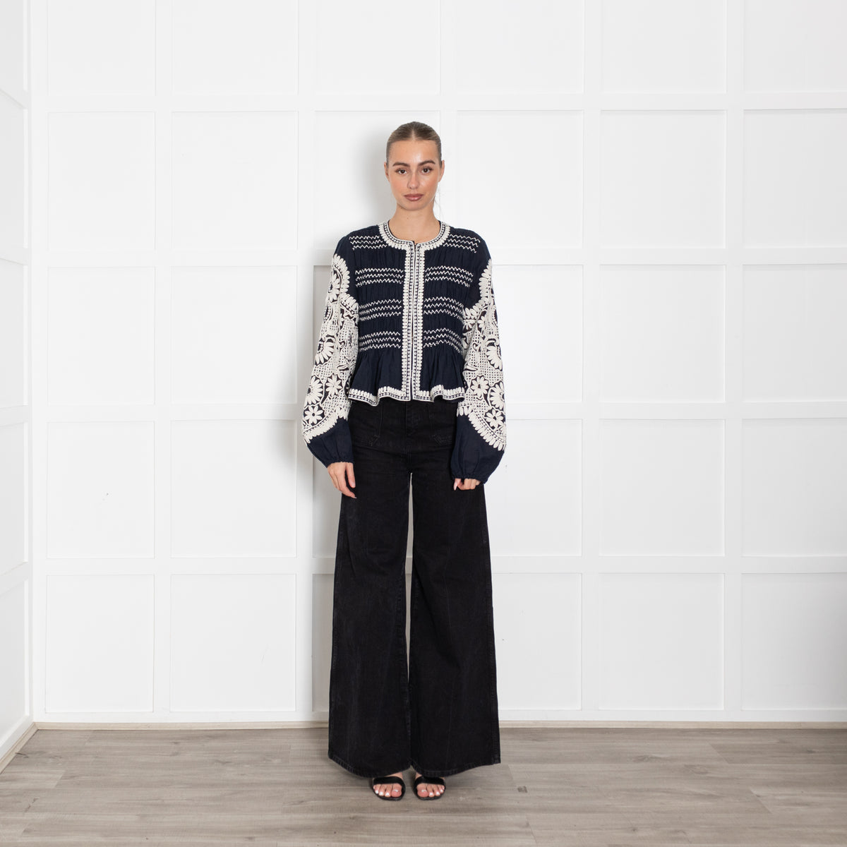 Veronica Beard Dorian Navy And White Embroidered Linen Blend Jacket