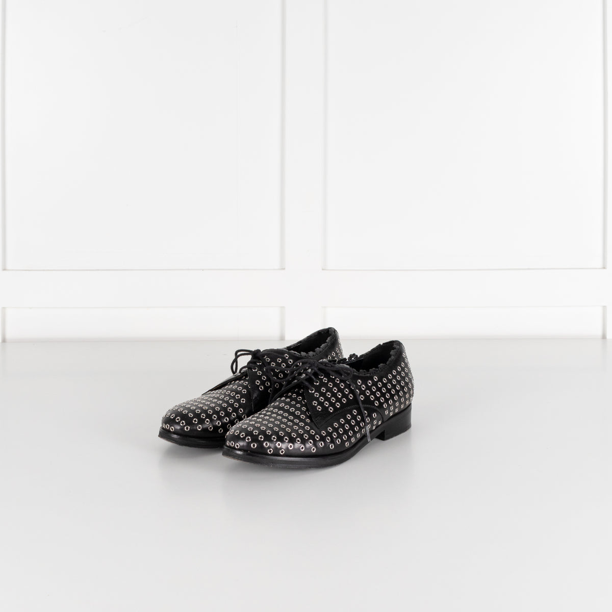 Alaia Black Leather Silver Eyelet Lace Up Shoes