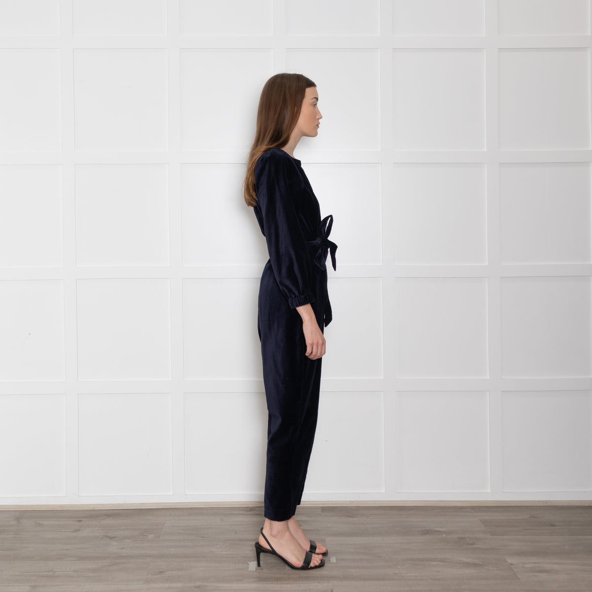 Wyse Navy Velvet Button Up Jumpsuit