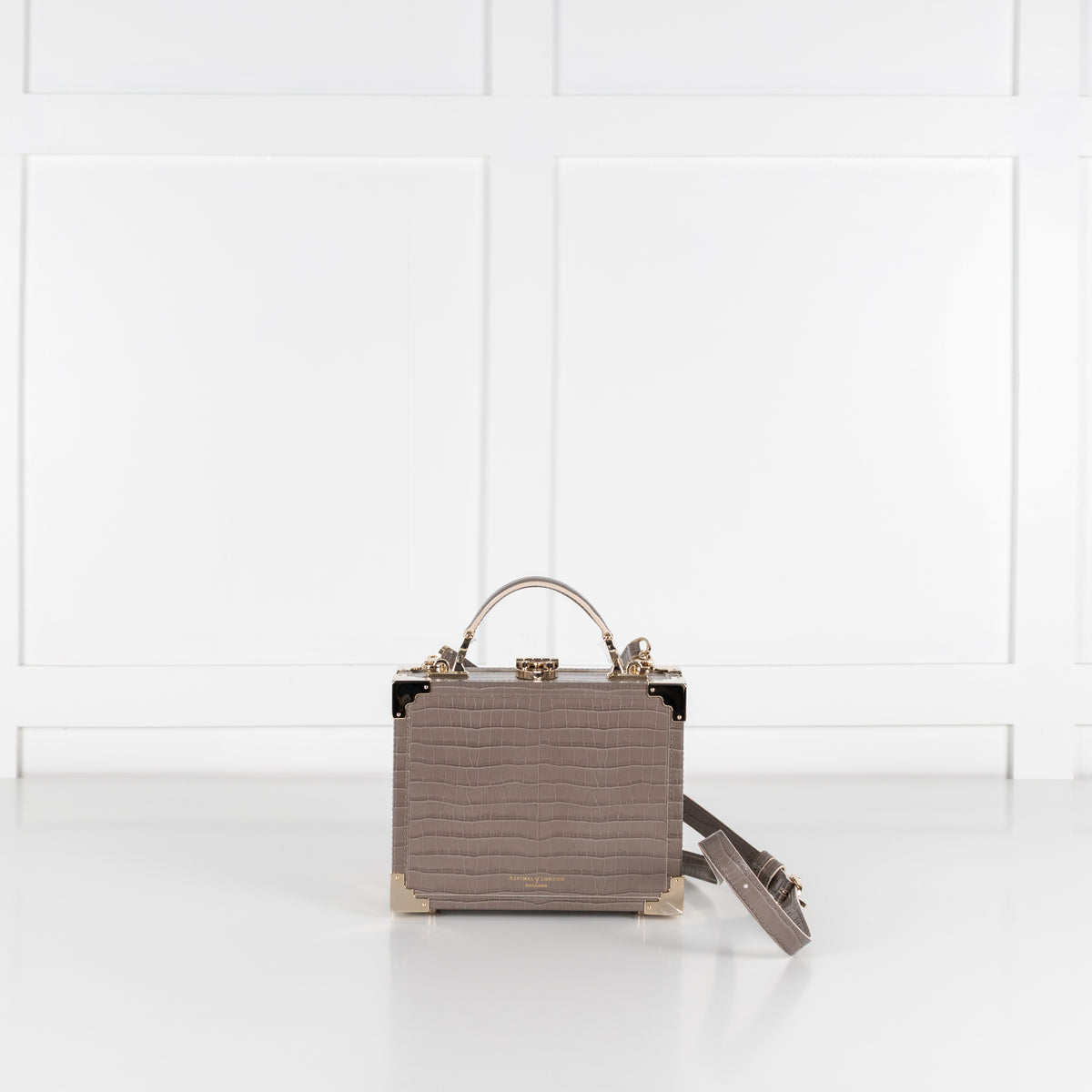 Aspinal of London Taupe Trunk Croc-Embossed Leather Bag With Removable Strap
