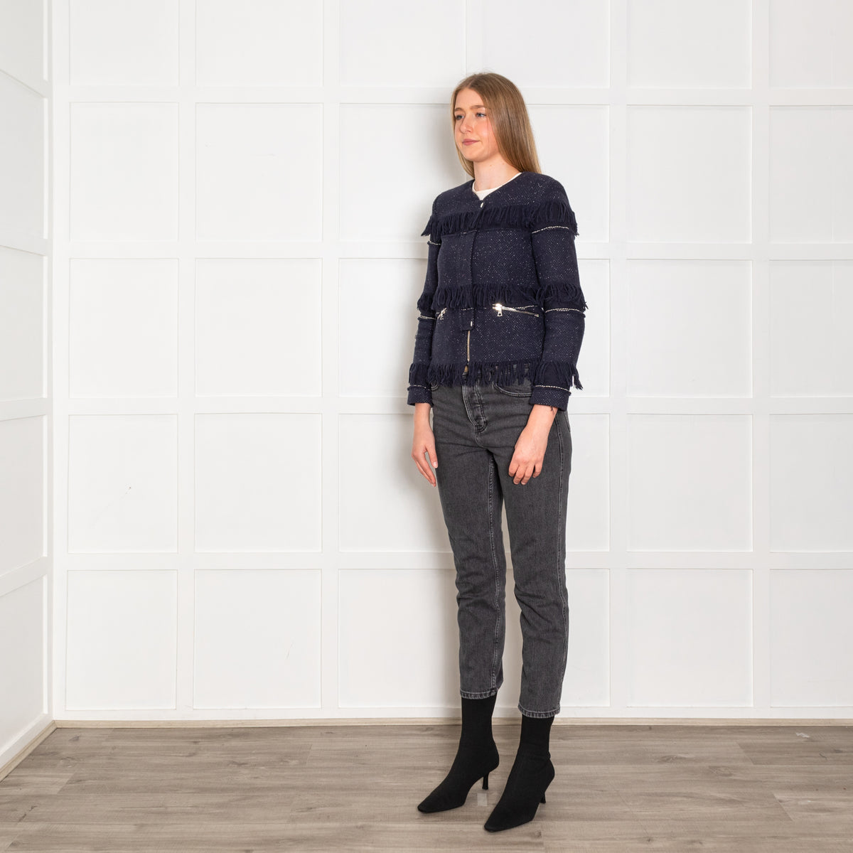 Sandro Navy Blue Fleck Fringed Trim Jacket