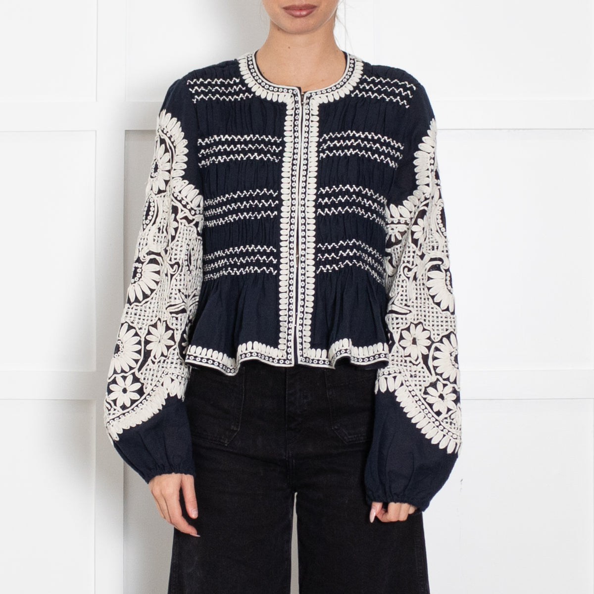 Veronica Beard Dorian Navy And White Embroidered Linen Blend Jacket