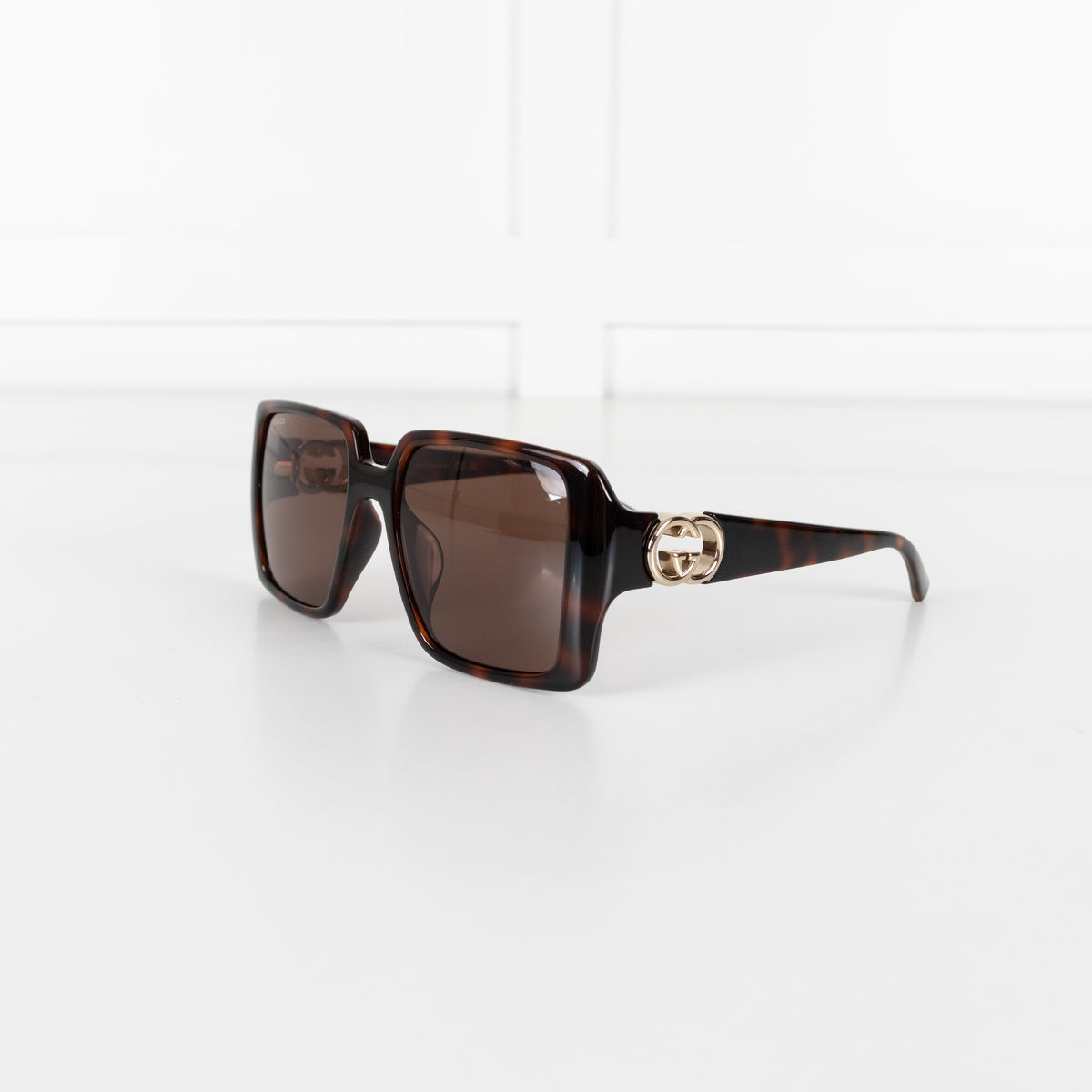 Gucci Tortoishell Square Frame Logo Arm Sunglasses
