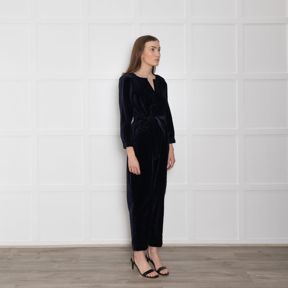 Wyse Navy Velvet Button Up Jumpsuit
