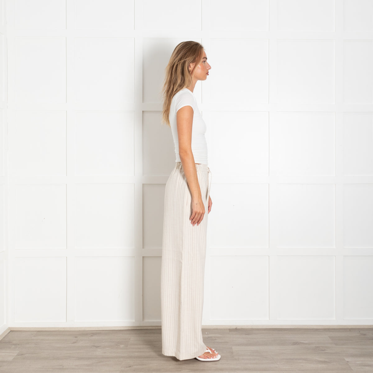 Claudie Pierlot Beige Brown Pin Stripe Draw String Wide Trousers