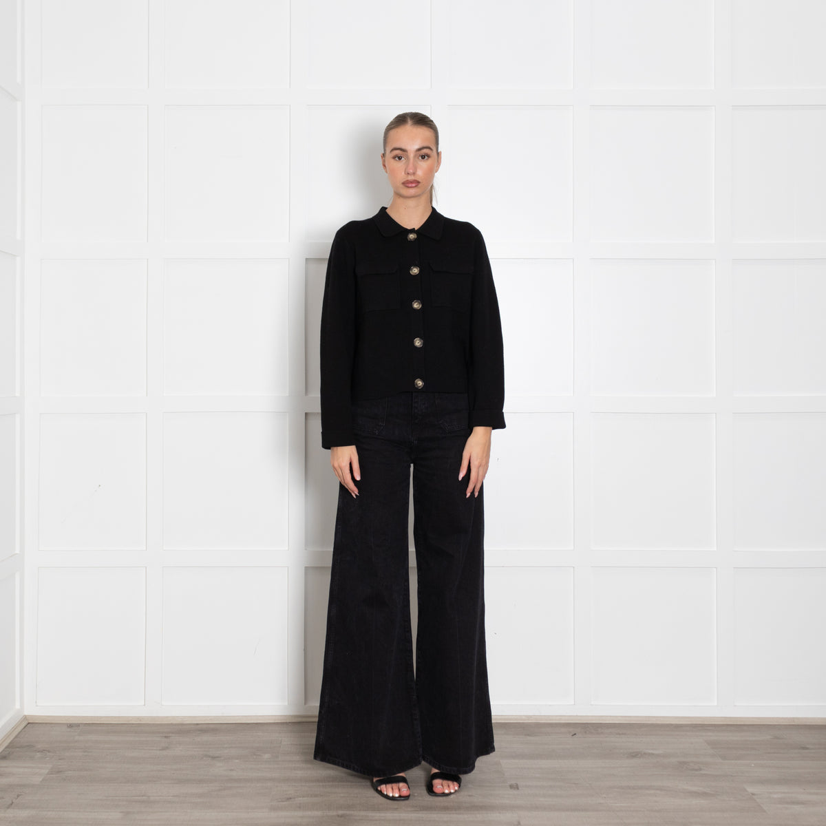 La Maille Sezane Black Knit Button Up Jacket