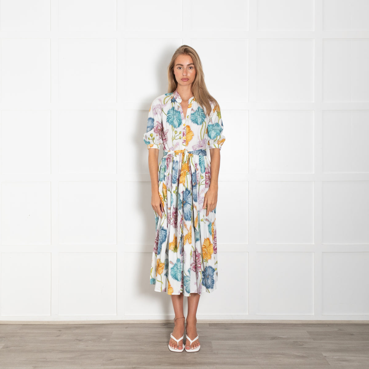 Hayley Menzies White Blue Green Yellow Gold Daisy Button Belted Maxi Dress