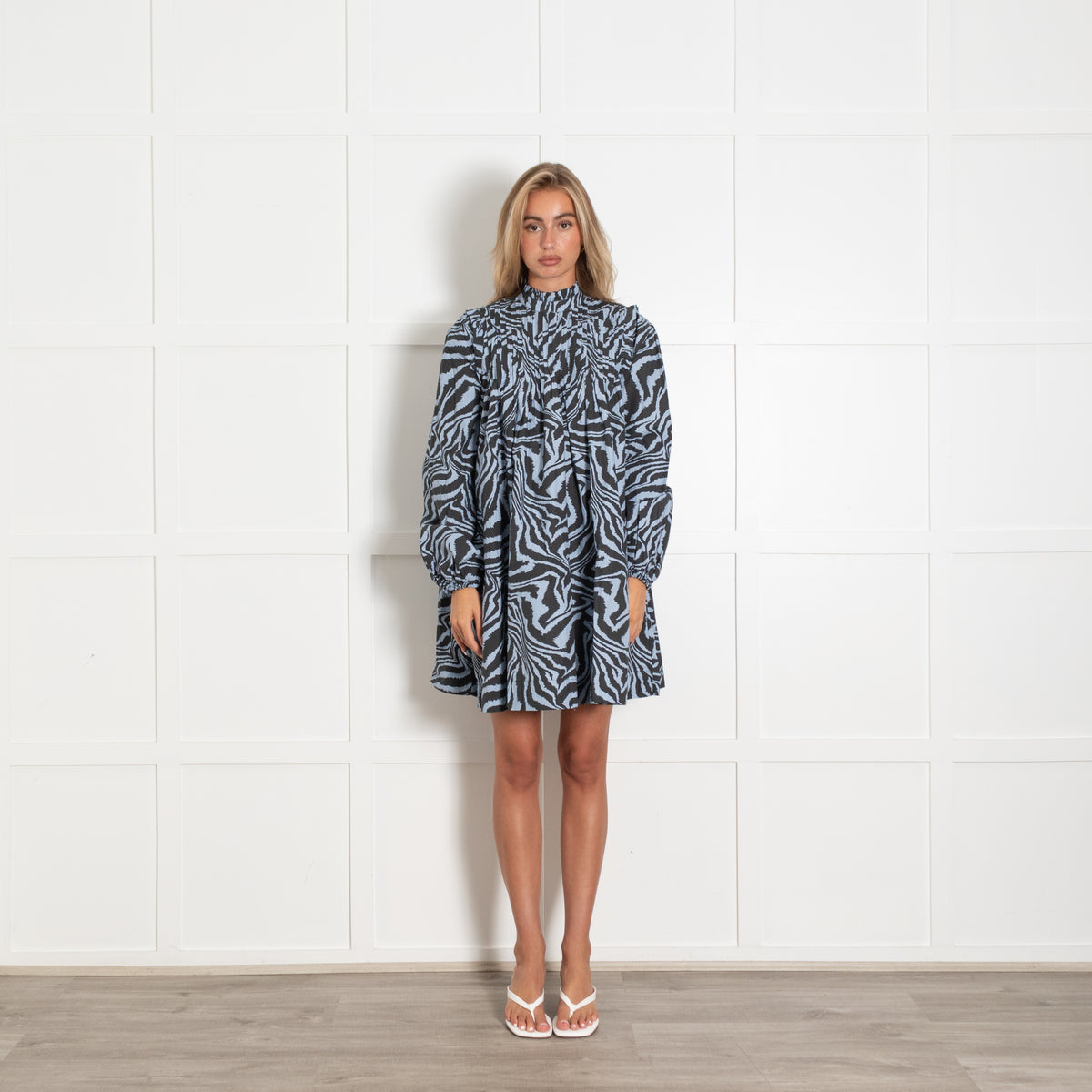 Ganni Foreever Blue Black Zebra Print Pintucked Cotton Smock Dress With High Neck