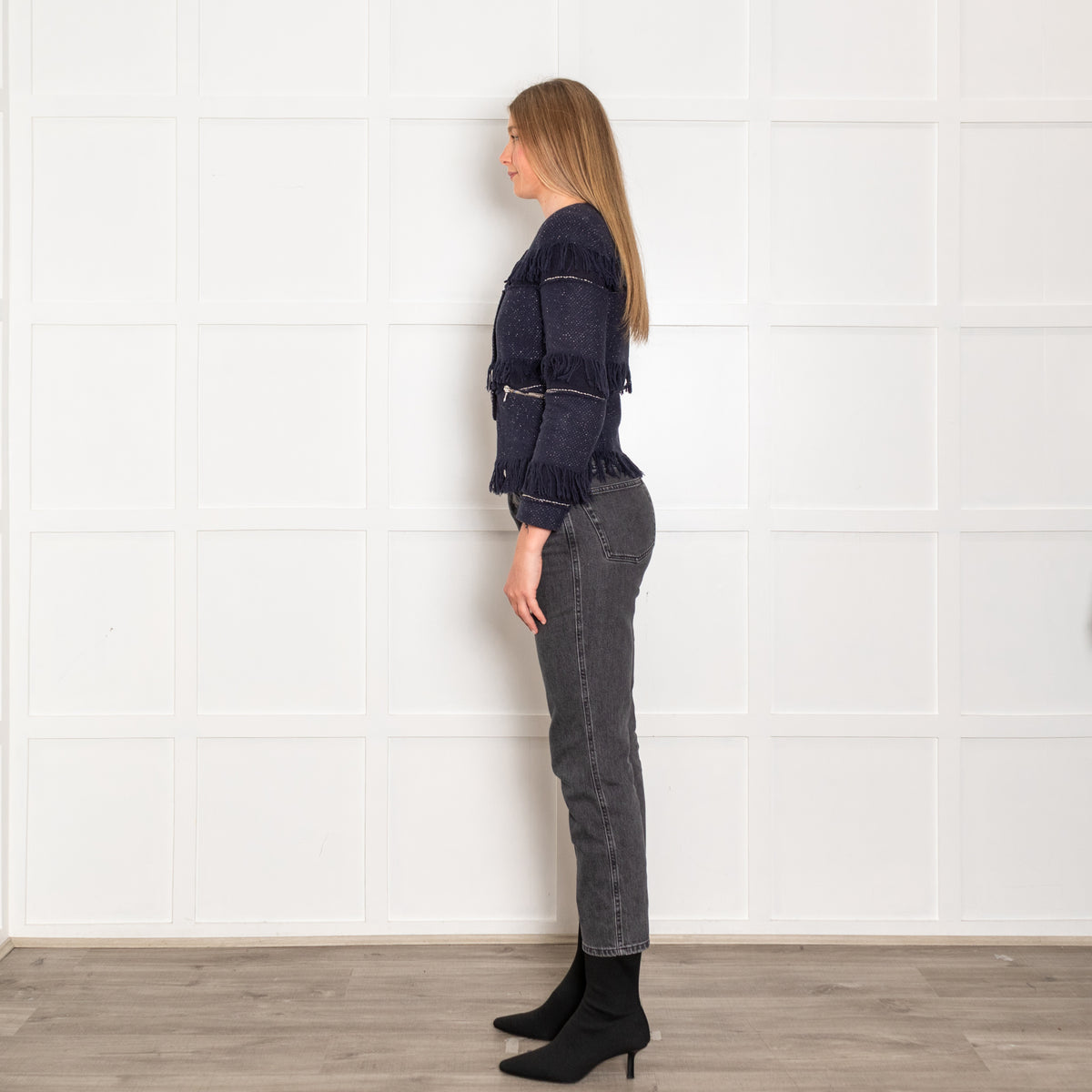 Sandro Navy Blue Fleck Fringed Trim Jacket