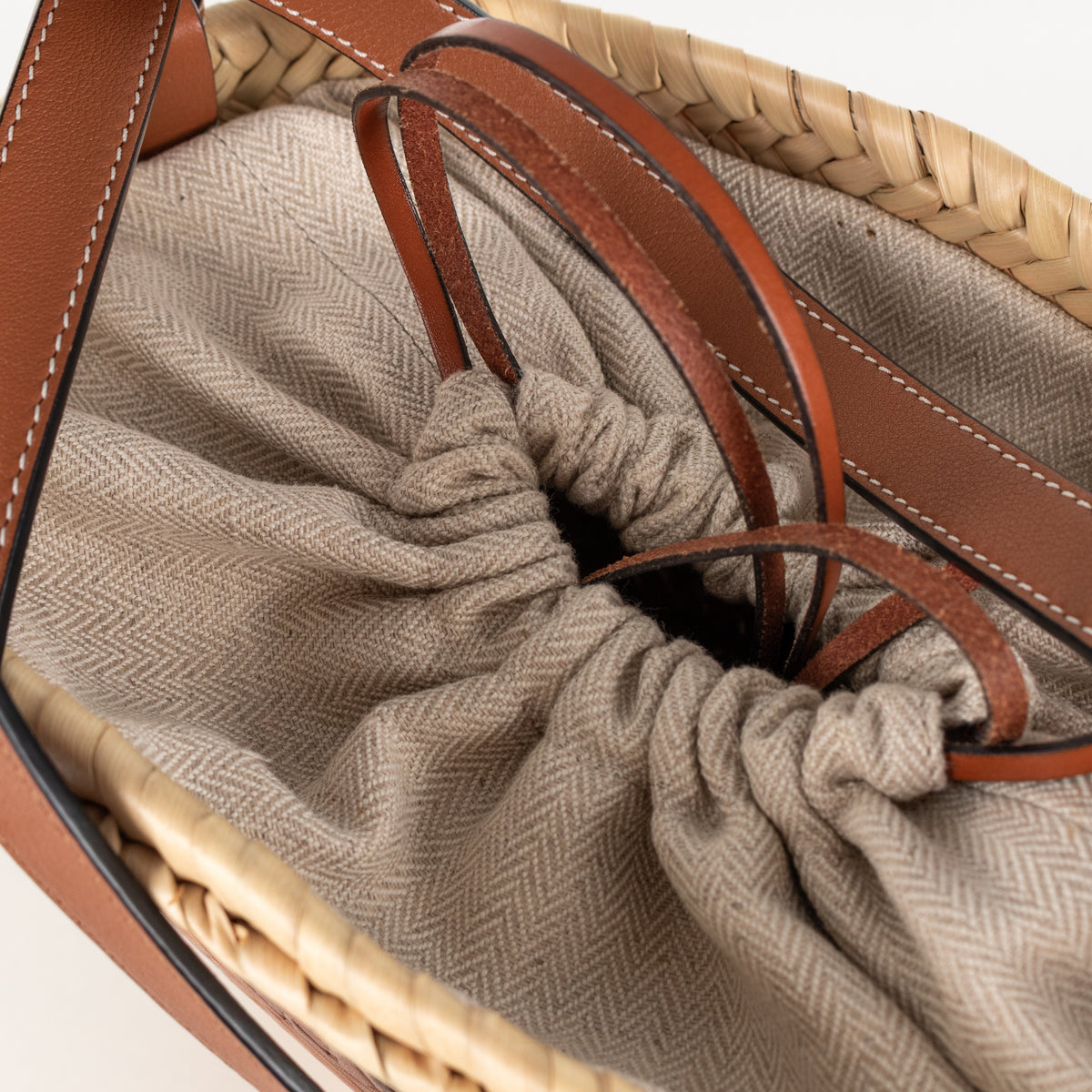 Loewe Beige Palm Leaf + Calfskin Leather Drawstring Bucket Bag