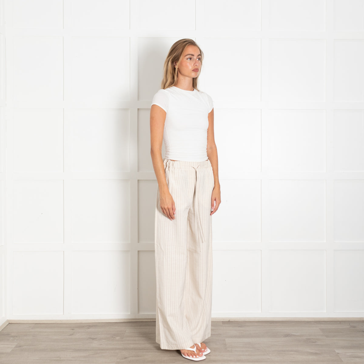 Claudie Pierlot Beige Brown Pin Stripe Draw String Wide Trousers