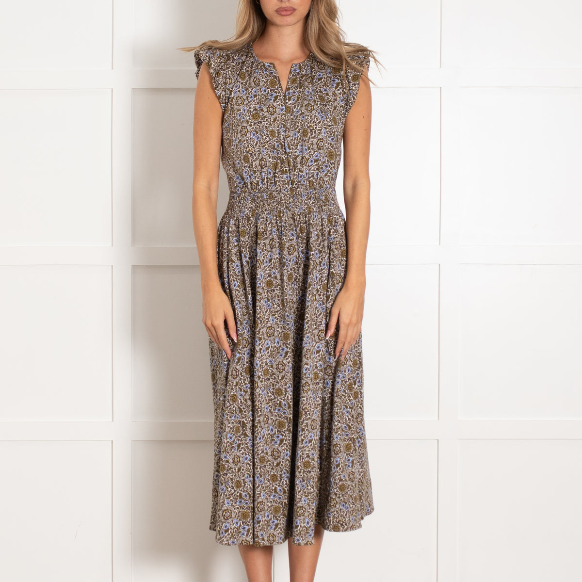 Me + Em Khaki And Purple Floral Print Dress