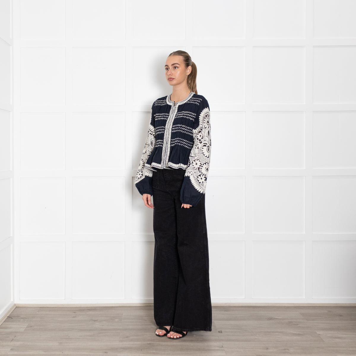 Veronica Beard Dorian Navy And White Embroidered Linen Blend Jacket