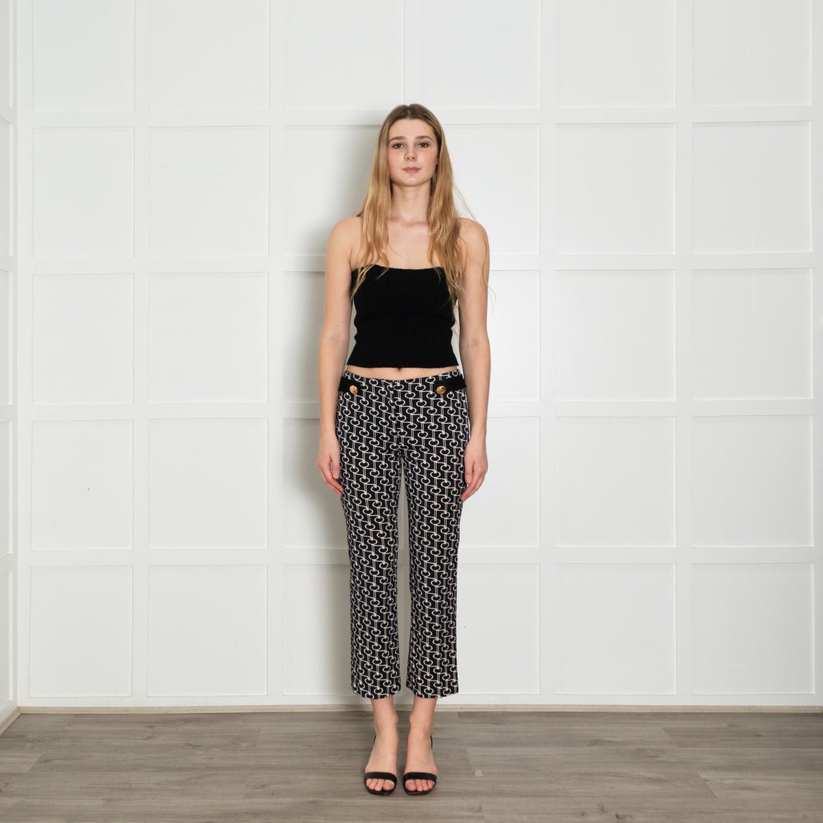 Prada Navy White Print Gold Button Wool Blend Trousers