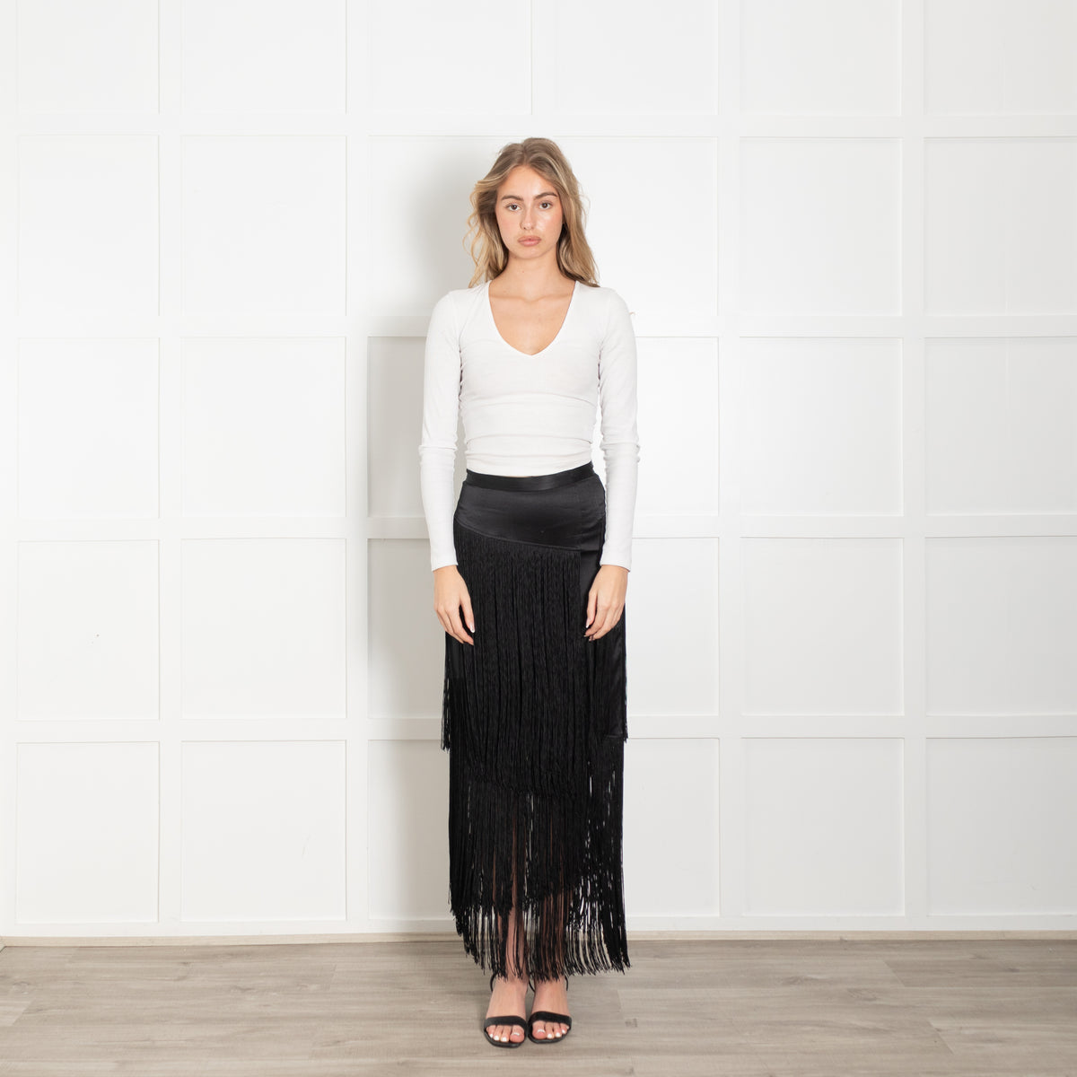 Tamara Mellon Black Silk Fringed Skirt