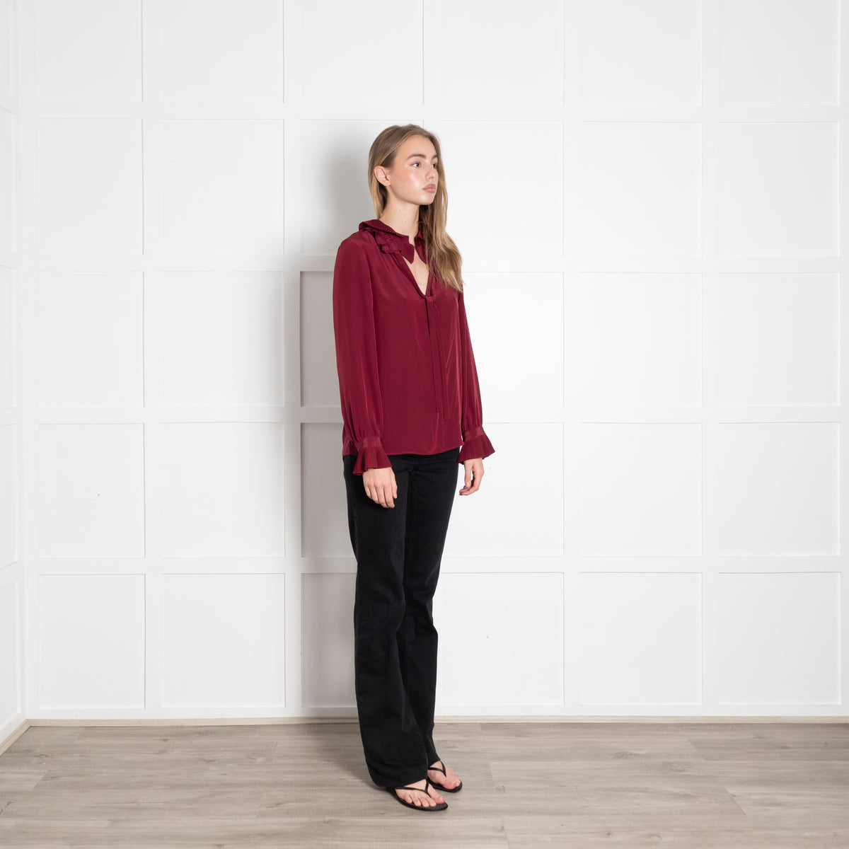 Claudie Pierlot Burgundy Silk Blouse With Pleated Collars & Cuffs