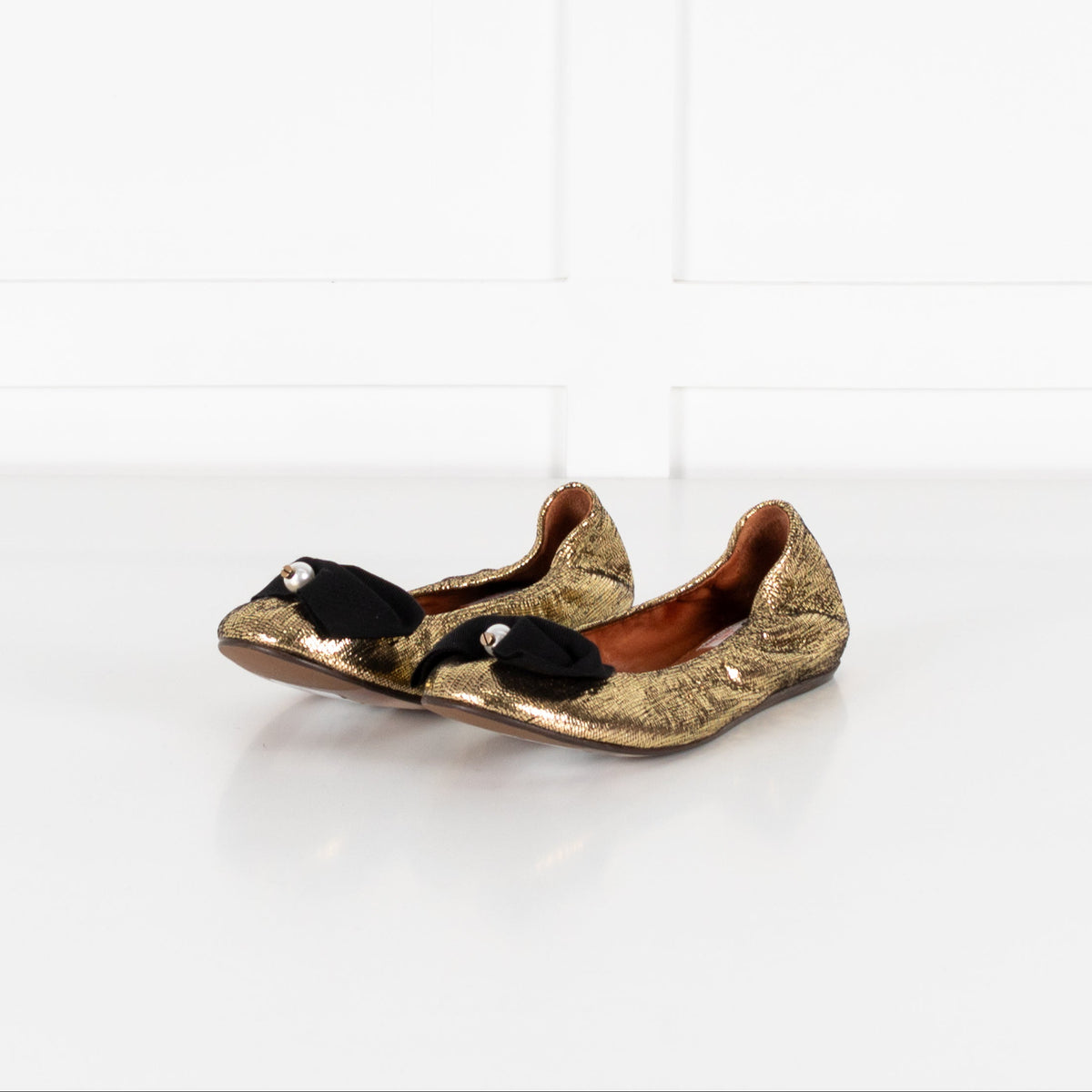 Lanvin Gold Faux Pearl Bow Flat Pumps