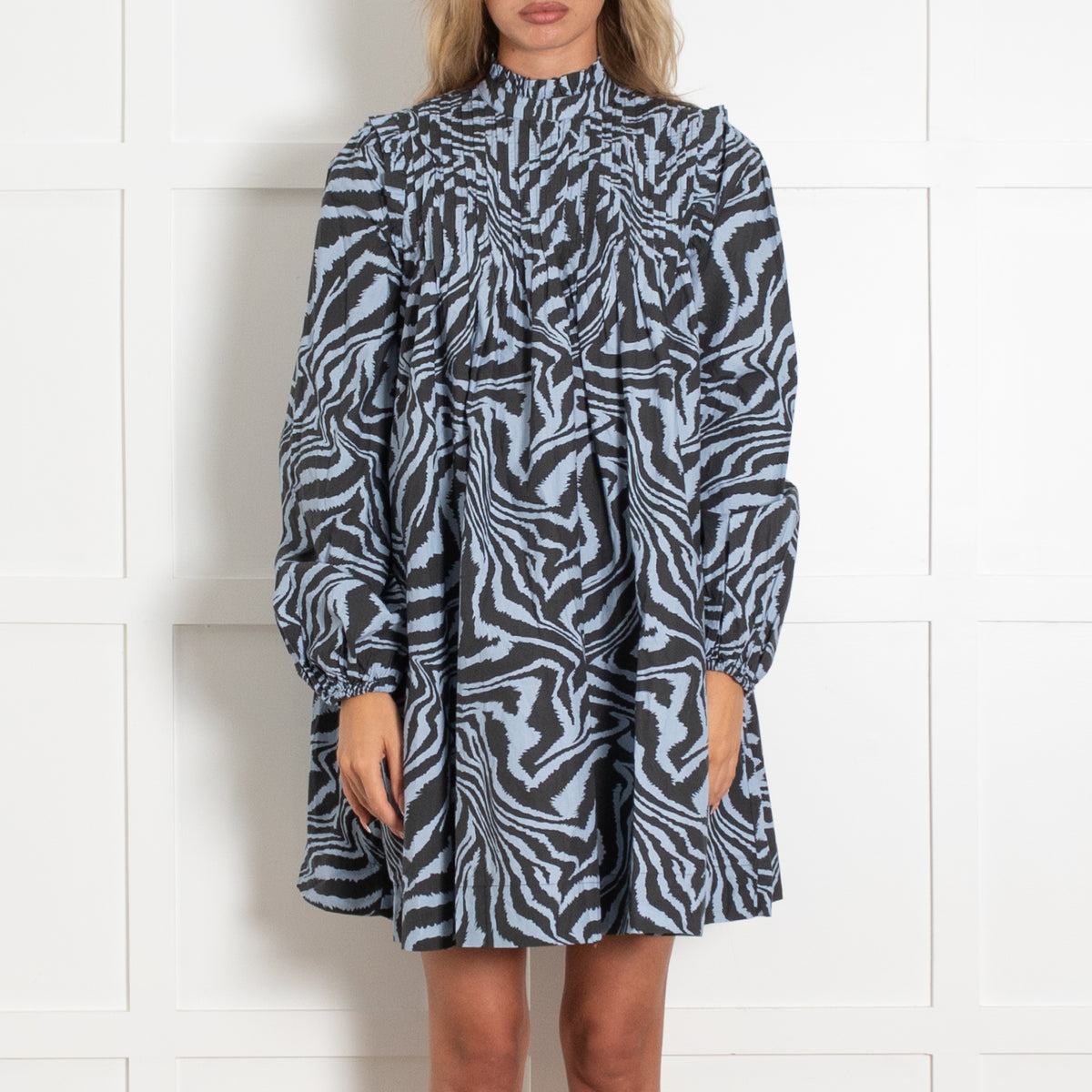 Ganni Foreever Blue Black Zebra Print Pintucked Cotton Smock Dress With High Neck