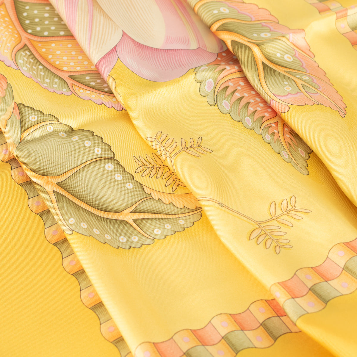 Salvatore Ferragamo Yellow With Pink Flower Print Silk Scarf