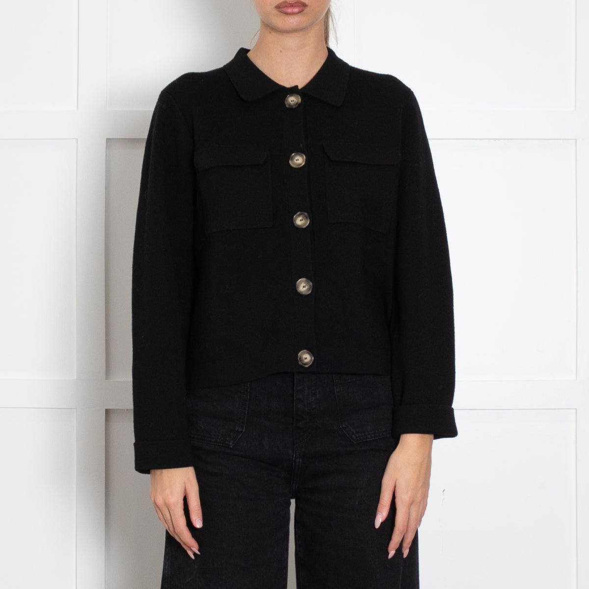 La Maille Sezane Black Knit Button Up Jacket