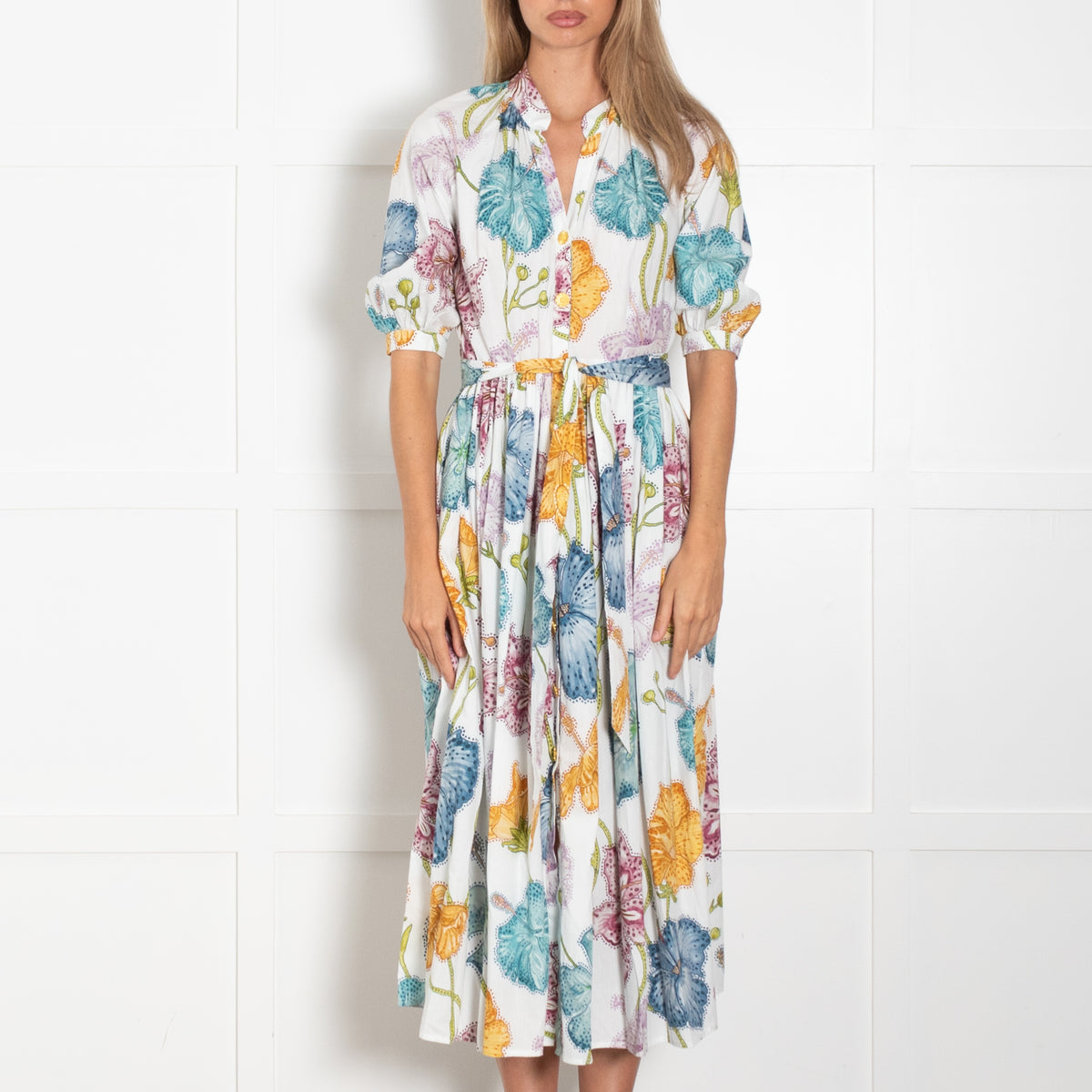 Hayley Menzies White Blue Green Yellow Gold Daisy Button Belted Maxi Dress