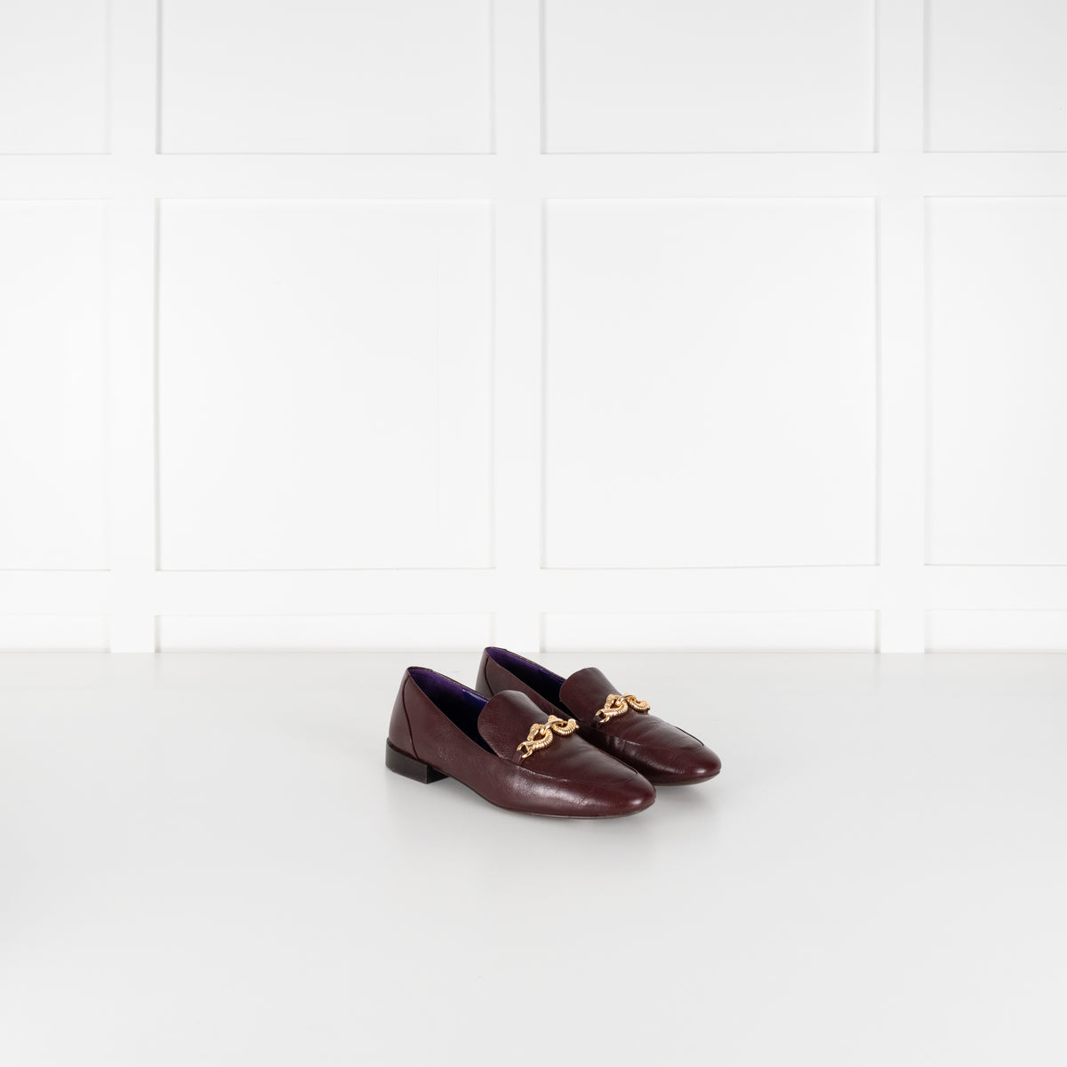 Tory Burch Burgundy Gold Horse Head Motif Loafers