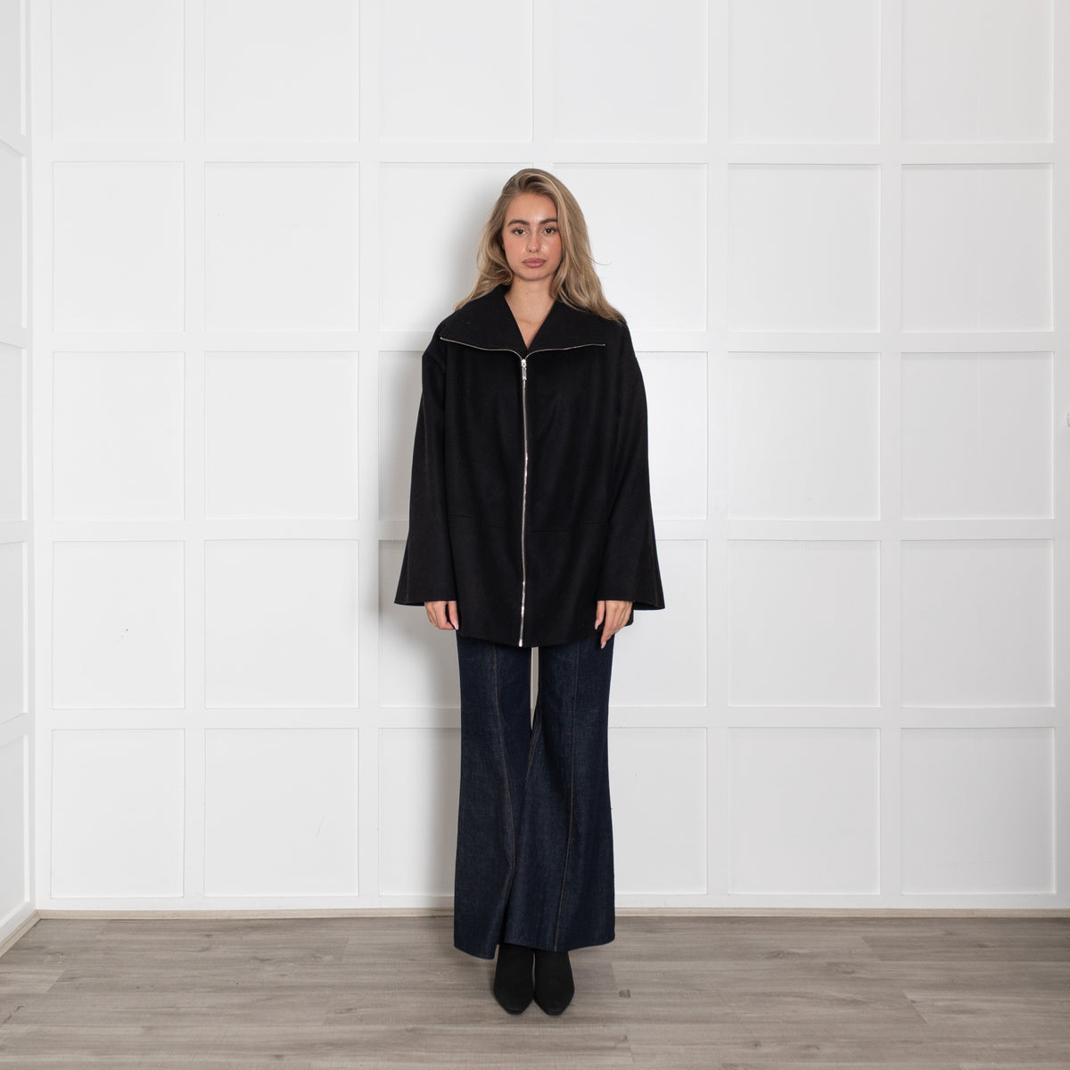 Toteme Black Zip Up Oversized Wool Funnel Neck Jacket