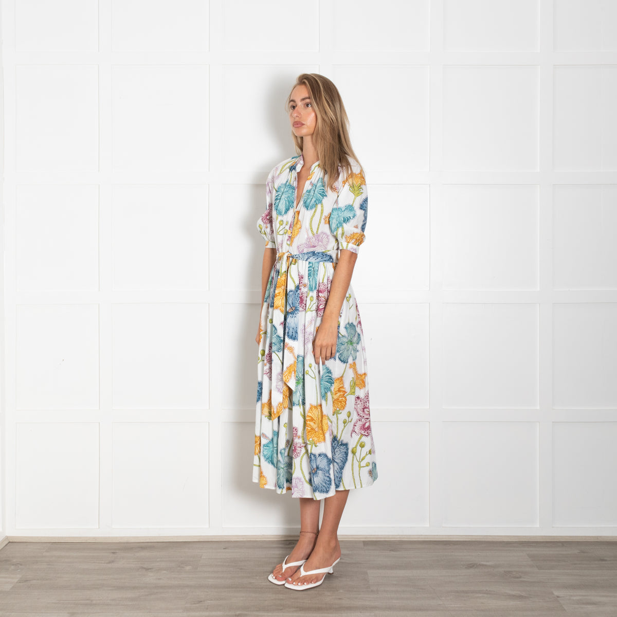 Hayley Menzies White Blue Green Yellow Gold Daisy Button Belted Maxi Dress