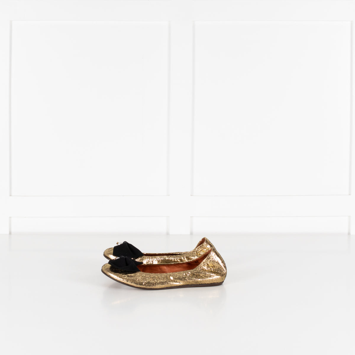 Lanvin Gold Faux Pearl Bow Flat Pumps